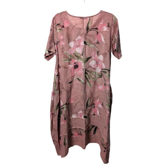 Alessia Pacini Linen Dress Pink Floral Pattern Asymmetrical Hem Size M  Pockets - Picture 3 of 10